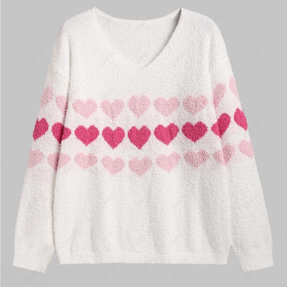 New! Sincerely Jules Cream V-Neck Sweater with Pink Heart Rows